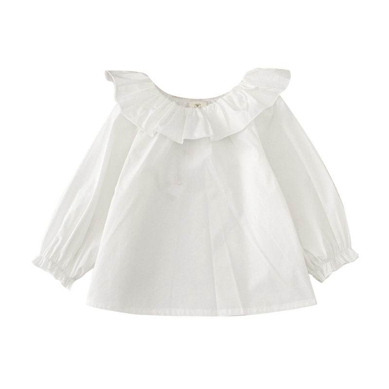 Venta al por mayor de primavera y otoño ropa para niños dulce niña con volantes camisa de solapa grande princesa manga burbuja de oreja de madera manga larga superior