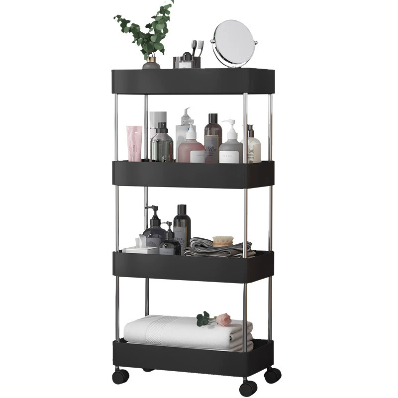 Floor-standing Mobile Storage Rack, Multi-layer Trolley with Wheels, Plastic Organizer for Kitchen & Bathroom