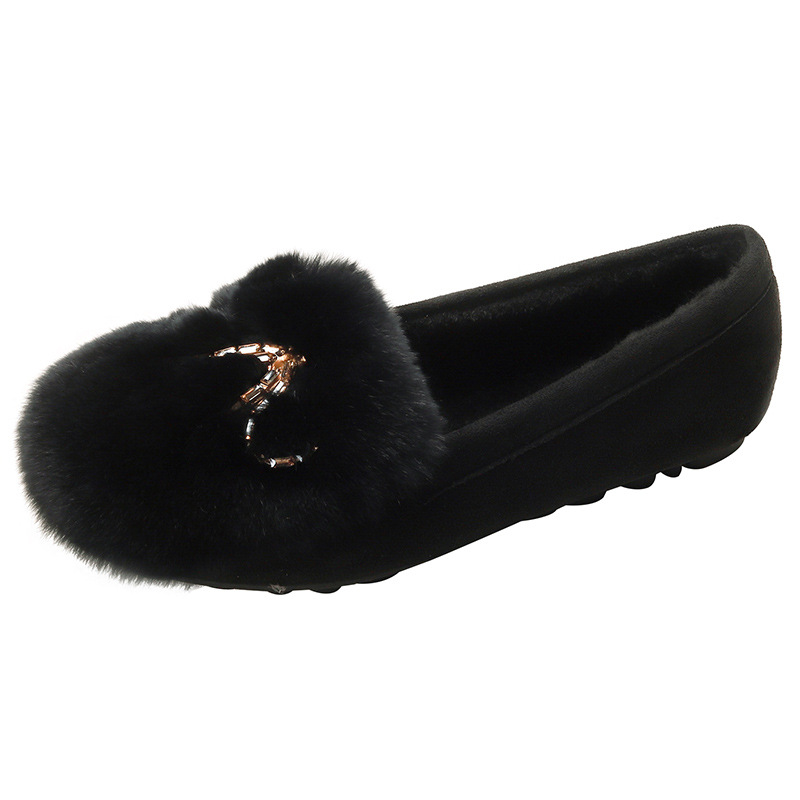 Zapatos de felpa de mujer ropa de invierno plana 2023 nuevos zapatos de guisantes con hebilla de diamantes de imitación zapatos de mujer de fondo suave con forro polar más el tamaño 41-43