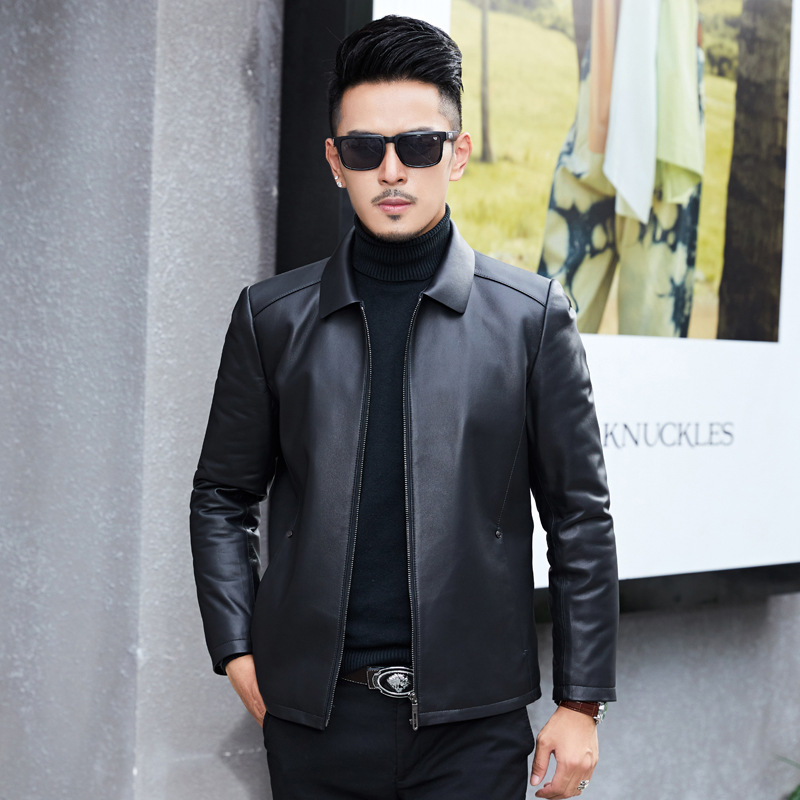 Genuine Leather Men's Lambskin Jacket, Middle-Aged Haining Leather Short Coat with a Turn-Down Collar, Lambskin Padded Cotton Jacket, Pure Leather