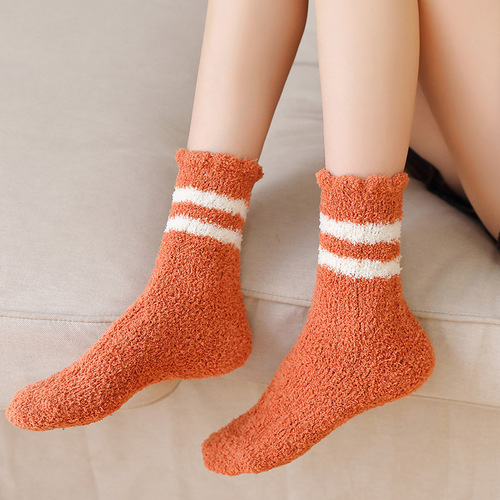 Plush coral velvet socks for women mid-calf socks for autumn and winter striped Morandi color floor socks sleep socks for women