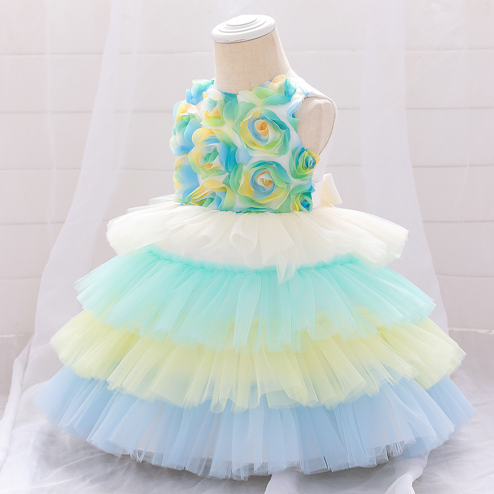 Rainbow Three-Dimensional Petal Colorblock Mesh Cake Dress Princess Dress Sleeveless Dress One-Year-Old Dress Photography Dress