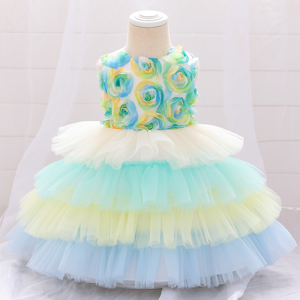 Rainbow Three-Dimensional Petal Colorblock Mesh Cake Dress Princess Dress Sleeveless Dress One-Year-Old Dress Photography Dress