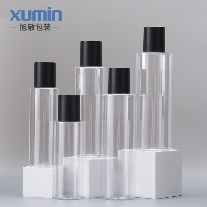Serie de cubierta negra opaca transparente de hombro plano tónico / loción pura / embalaje de productos de loción de maquillaje material de embalaje Xumin en stock