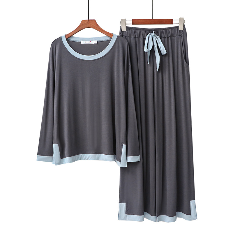 Primavera y otoño modal gordito chica cuello redondo manga larga contraste color Pantalones anchos traje casual mujer de dos piezas homewear