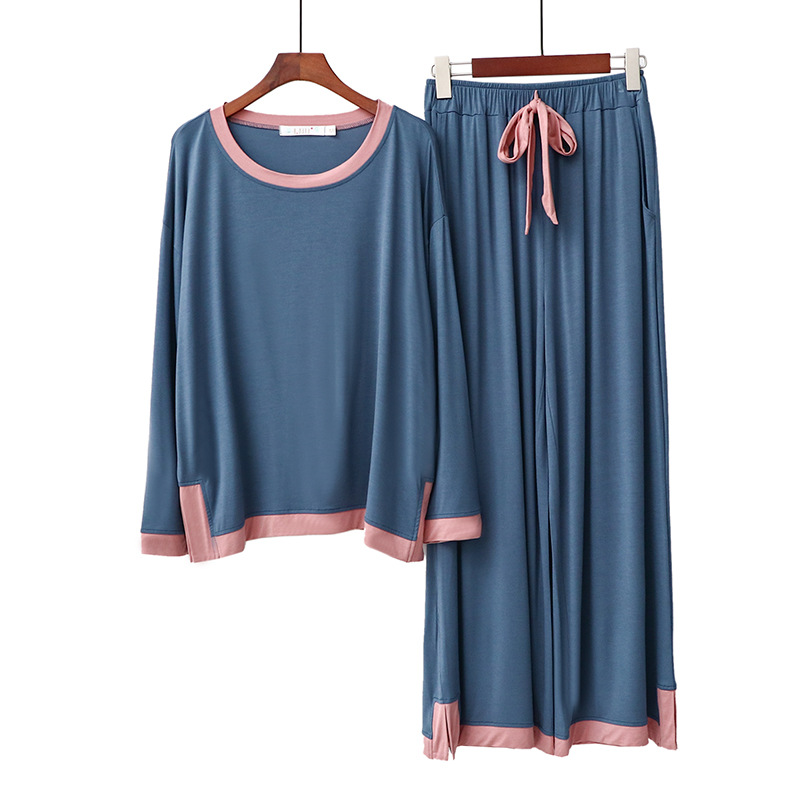 Primavera y otoño modal gordito chica cuello redondo manga larga contraste color Pantalones anchos traje casual mujer de dos piezas homewear