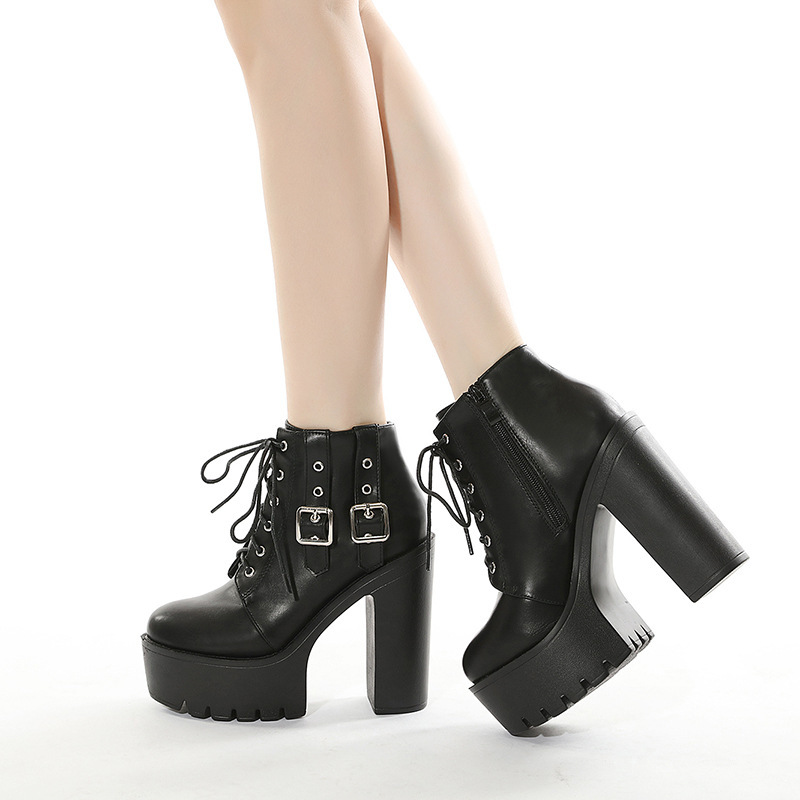 2026 Autumn and Winter Large Size Wish Aliexpress European and American Foreign Trade New Style Lace-Up Thick-Soled Women's Shoes with Chunky High Heels Short Boots 2026 Autumn and Winter Large Size Wish Aliexpress European and American Foreign Trade New Style Lace-Up Thick-Soled Women's Shoes with Chunky High Heels Short Boots