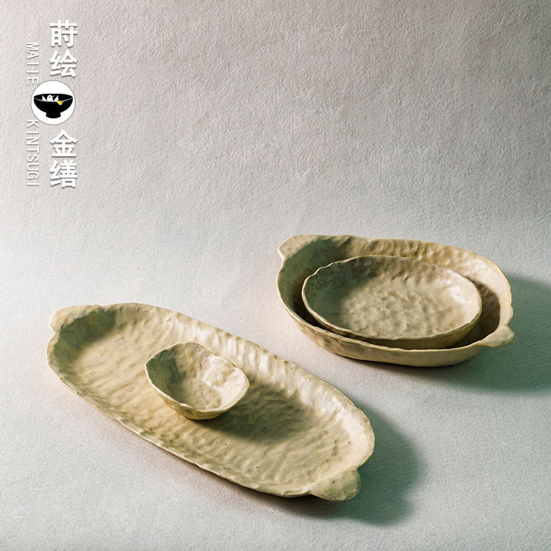 Crude Pottery Tableware Set Vintage Dish Jingdezhen Bowl and Dish Ceramic Creative Dish Household Dish Japanese Style Fish Dish