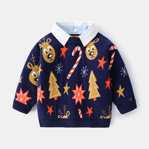  New Boys' Sweater Fake Two-piece Shirt Collar Children's Clothing Sweater Boys Pullover Sweater