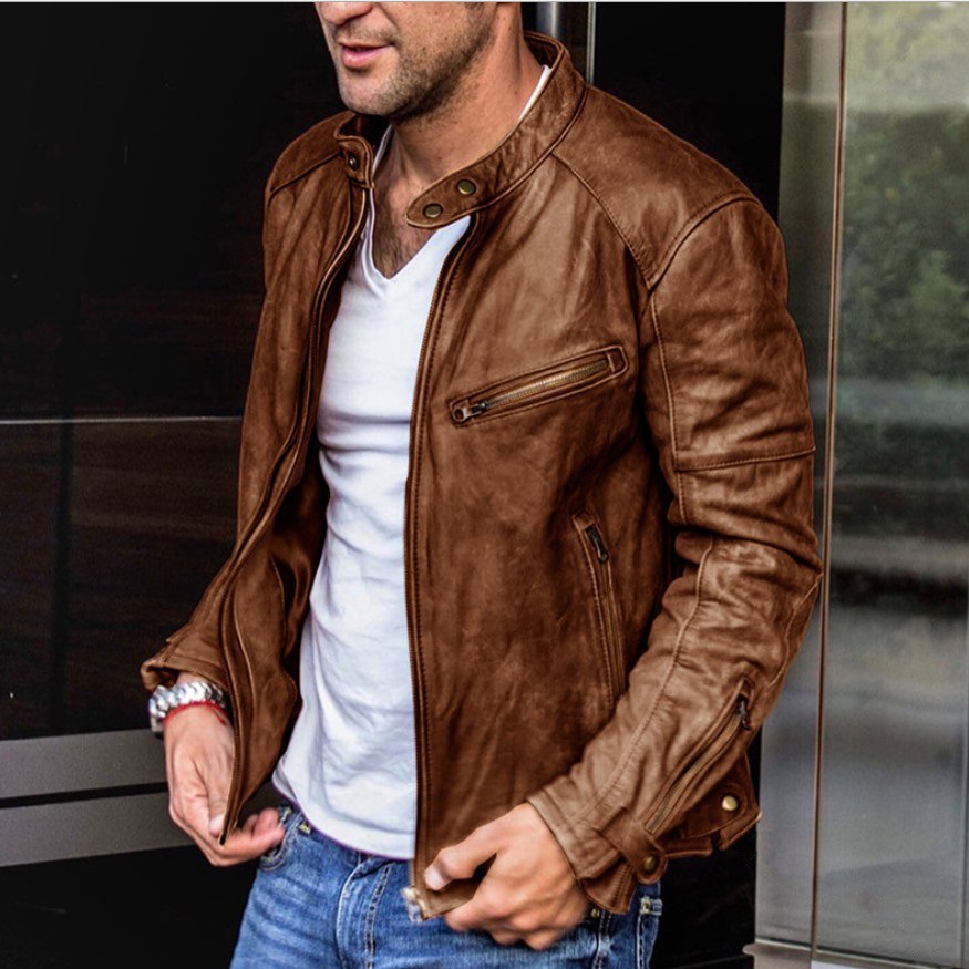 Comercio exterior de los hombres abrigo de cuero 2023 invierno nuevo Amazon color sólido casual cremallera decorativa pu chaqueta de cuero abrigo para hombres
