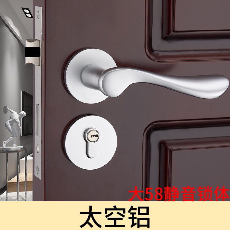 Espacio de estilo europeo Puerta de aluminio interior dormitorio puerta de madera puerta mecánica cerradura hardware cerradura simple puerta blanca de plata