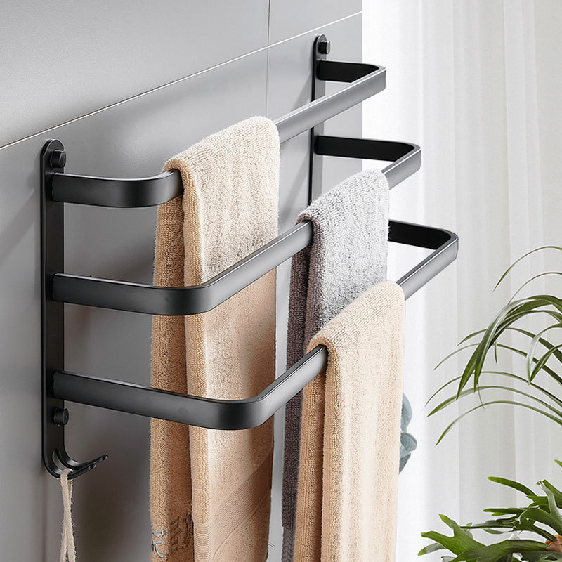 Morina Space Aluminum Black Towel Bar Toilet Towel Rack Three-layer Misplaced Towel Hanging Bar Three-pole