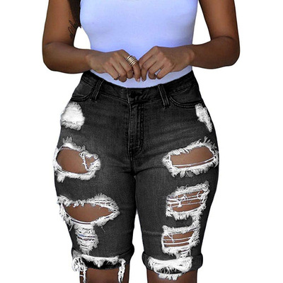 Suministro transfronterizo popular de estilo europeo y americano de moda de cintura alta pantalones cortos de mezclilla rasgados para las mujeres