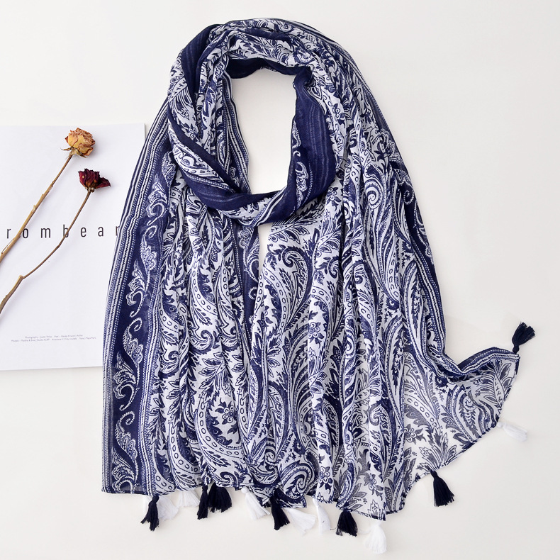 2020 otoño e invierno nuevo azul marino borla impresa algodón y lino bufanda vintage azul y blanco porcelana fina protector solar chal bufanda