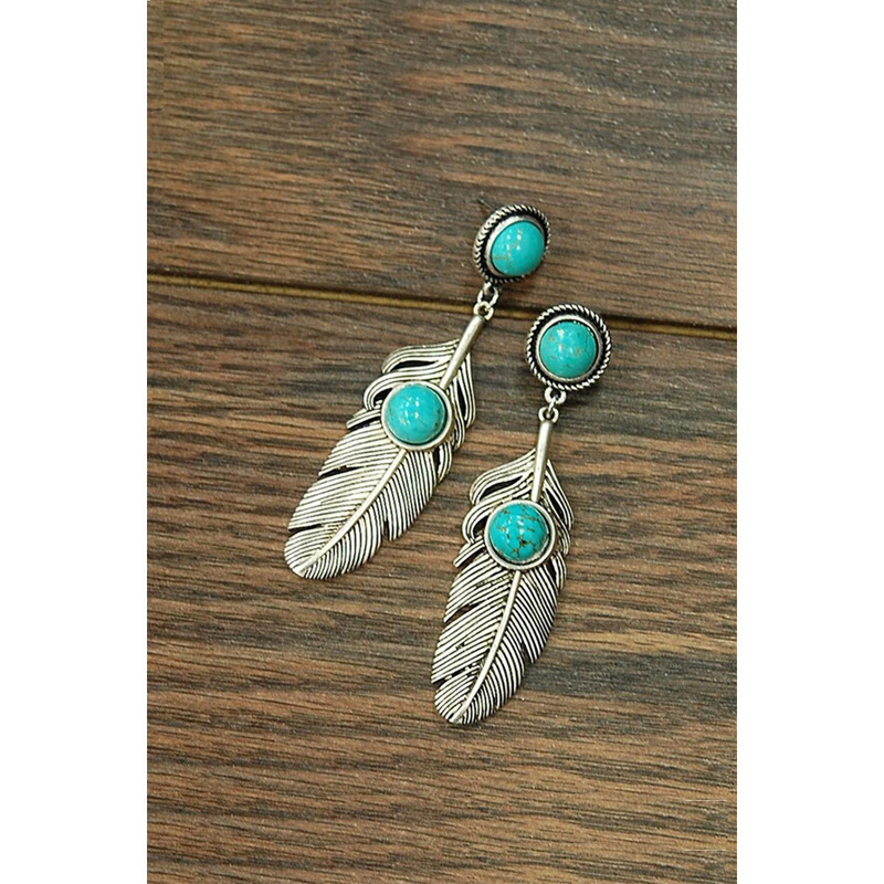 Rongyi Bohemian Feather Turquoise Earrings European and American Popular 925 Retro Thai Silver Earrings Cross-Border Manufacturer Rongyi Bohemian Feather Turquoise Earrings European and American Popular 925 Retro Thai Silver Earrings Cross-Border Manufacturer