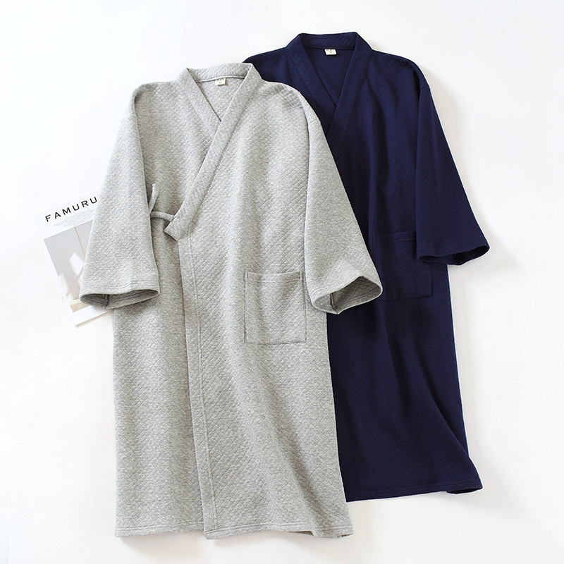 Autumn and Winter Men's Kimono Nightgown Non-printed Bathrobe Pure Cotton Air Layer Quilted Thickened Large Size Long Home Gown Autumn and Winter Men's Kimono Nightgown Non-printed Bathrobe Pure Cotton Air Layer Quilted Thickened Large Size Long Home Gown