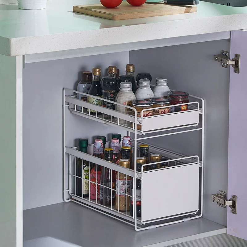 Under-sink Pull-out Storage Rack, Multi-layer Push-Pull Cabinet Organizer to Save Space