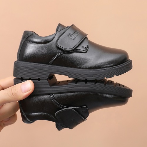 Children's Leather Shoes for Boys, Black Polished with Stick Buttons, School Leisure Formal Performance Flag-Raising Round-Toe Shoes