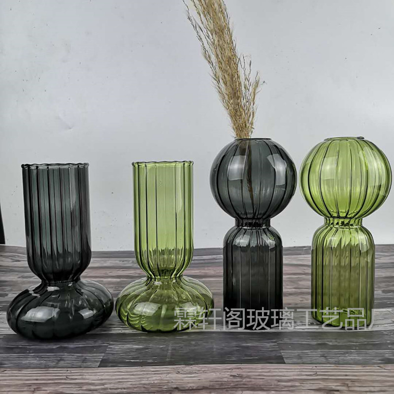 ins Striped Wavy Small Vase Glass Vase Transparent Green Diet Tulip Hydroponic Hand-made Flower Device Desktop Flower Arranging