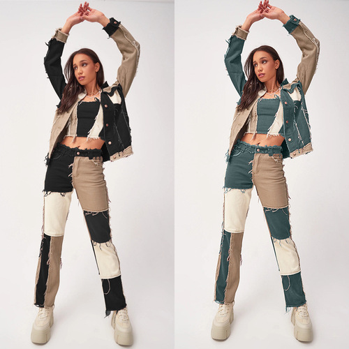 2025 Summer New Arrival: Large Amazon-style European and American Trendy Multi-Color Patchwork High-Waisted Tight-Fit Women's Straight-Leg Denim Long Pants