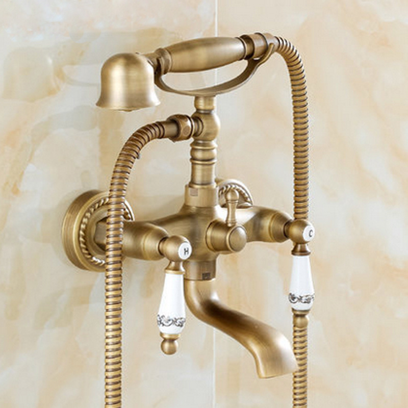 Brass antique bathtub faucet suit twist base into the wall double phone shower suit bath