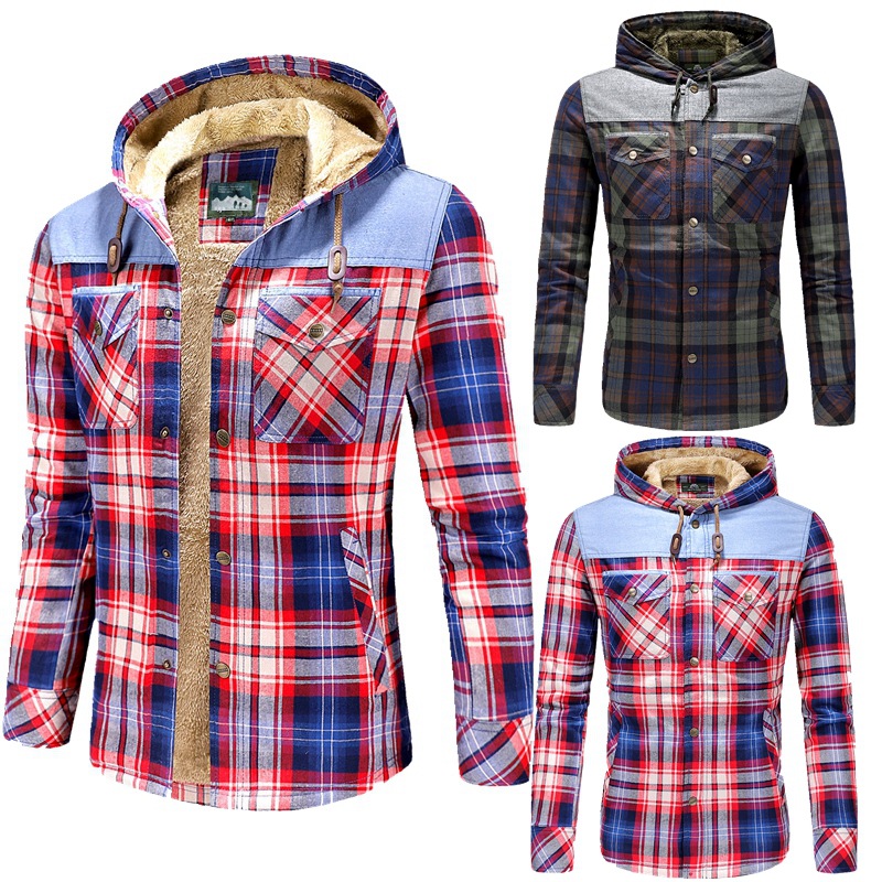 2023 europea y americana nueva transfronteriza Amazon camisa de manga larga de los hombres forrada de lana engrosada camisa a cuadros con capucha venta directa de fábrica