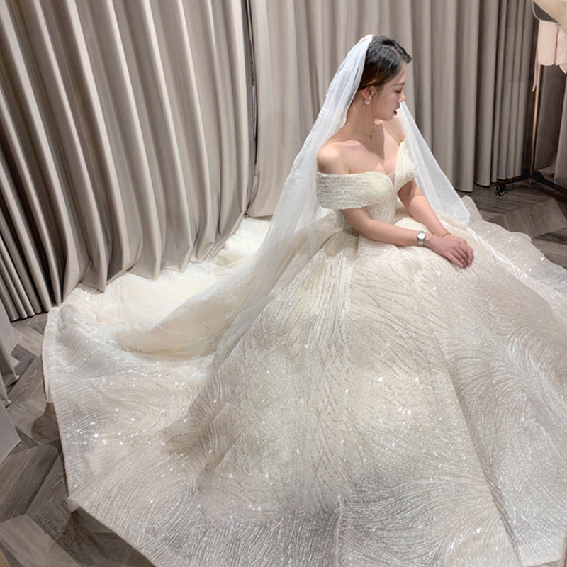 Vestido de Novia Principal 2026, Nuevo Estilo, Hombros Descubiertos, Cintura Alta, Estilo Hepburn, Vestido de Novia Resistente con Cola, Elegante Vestido de Novia con Diseño de Cielo Estrellado