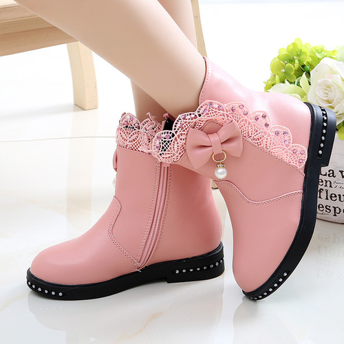 Children's boots girls' boots autumn and winter  new Korean version little girls cotton shoes plus velvet baby princess leather short boots
