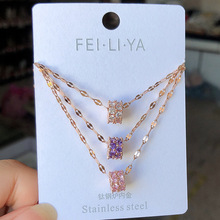 新款齿轮小蛮腰锁骨链女玫瑰金双排白锆石精致紫色转运珠项链吊坠