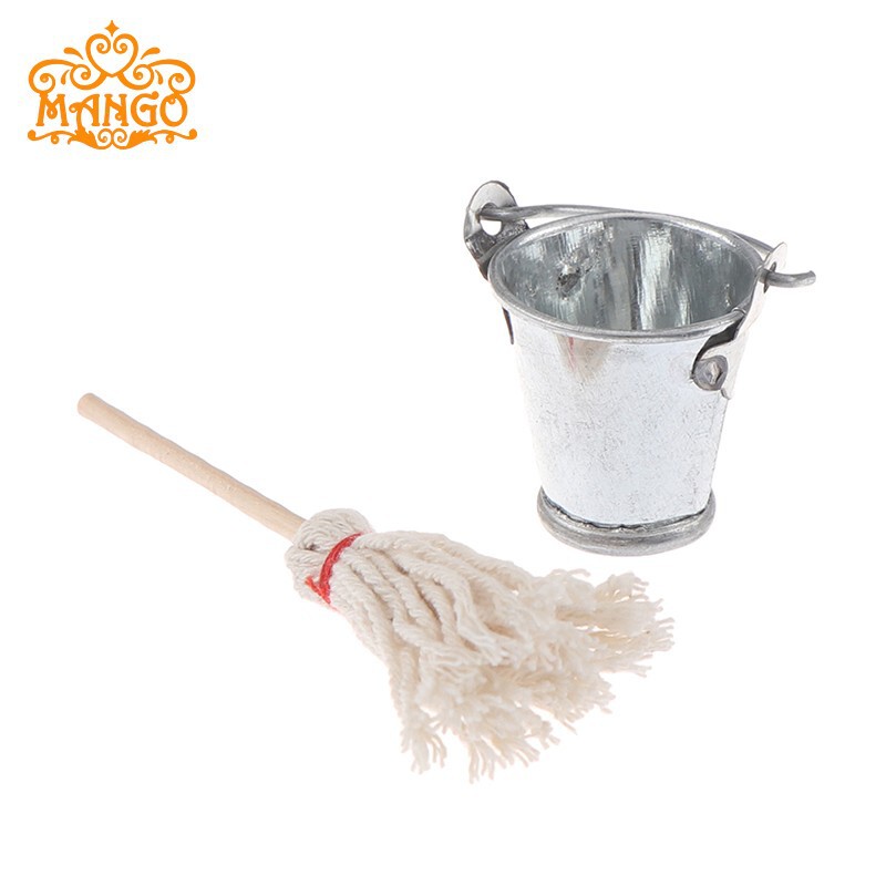 1:12 doll house dollhouse mini furniture model food play metal silver bucket trash can mop ~