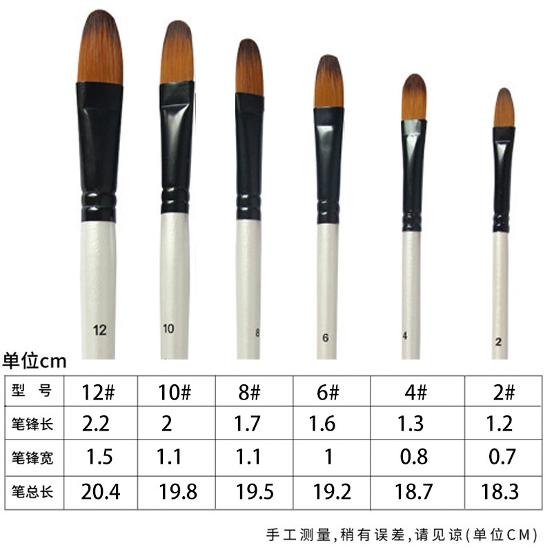 Transfronterizo 6 pinceles de madera perlada barra blanca de dos colores de nylon cabello cabeza redonda cabeza plana para niños DIY pinceles de pintura al óleo