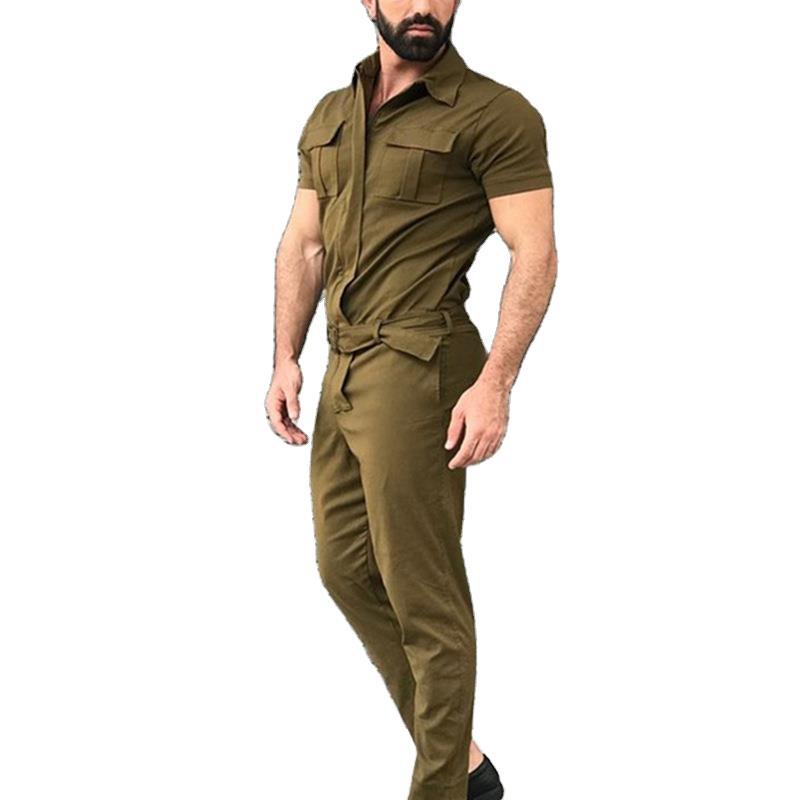 2026 Cross-Border Men's Workwear Jumpsuit Casual Jumpsuit Set Amazon European and American Style Belted Jumpsuit Short Sleeve