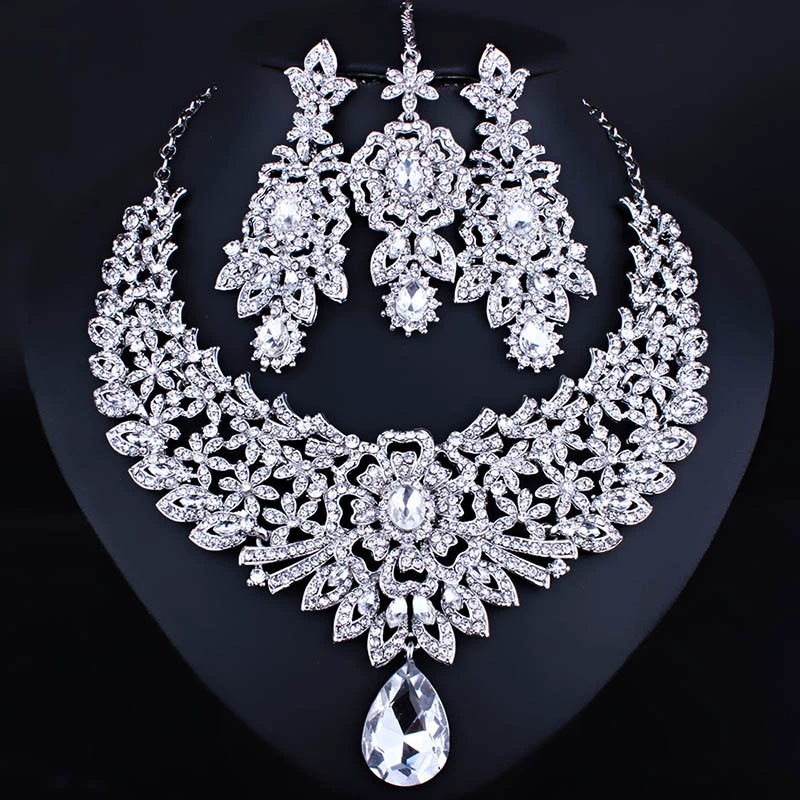 Jewelry for bride, necklace and earrings, set, dress, accessory, European style, India, 3 piece set, light luxury style
