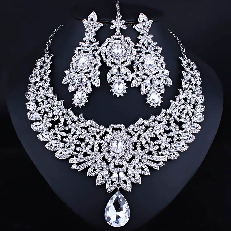 Jewelry for bride, necklace and earrings, set, dress, accessory, European style, India, 3 piece set, light luxury style