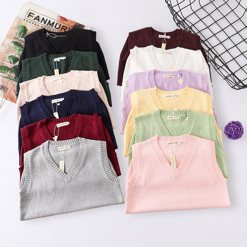 Spot Jk Uniform Pure Color Vest British Preppy Style V Neck Sleeveless Knitwear Pullover Women's Knitwear Wholesale