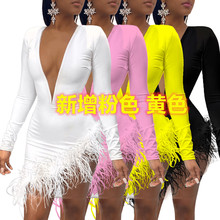 YT3198一件代发亚马逊速卖通欧美女装羽毛网纱拼接性感连衣裙