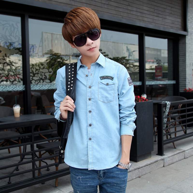 外贸批发 淘宝速卖通款牛仔衬衫男 活动款大码牛仔长袖衬衣 货足