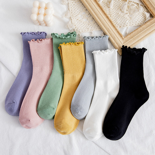 Autumn and winter fungus mid-calf socks for women Japanese new style candy-colored lace women's socks solid color elastic anti-friction cotton socks