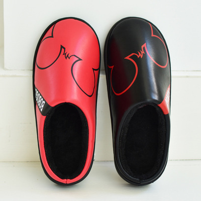 新款家居家棉拖男软底半包跟PU皮室内木地板防滑毛毛棉拖鞋女保暖