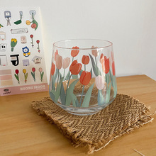 韩式郁金香玻璃杯ins网红花卉杯子牛奶杯家用喝水杯子摆拍道具