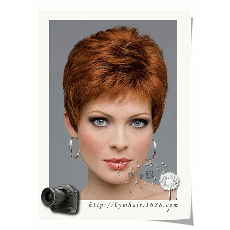 Foreign Trade Wig Women's Brown-Red Fluffy Short Hair Chemical Fiber Headgear Manufacturer Spot Wholesale Xuchang Dropshipping