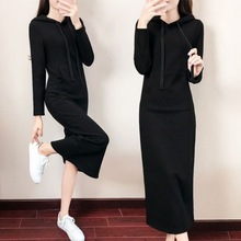 中长款连帽卫衣女2025新款秋冬装大码长袖修身收腰套头打底连衣裙