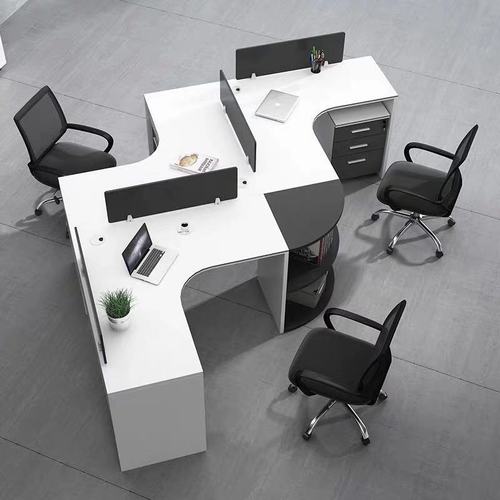 Office Desk for Four People, Simple Modern Screen Workstation, Creative Corner Asymmetric 6-Person Desk and Chair Set
