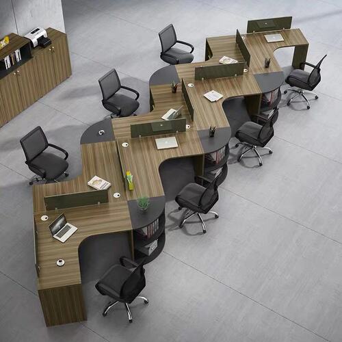 Office Desk for Four People, Simple Modern Screen Workstation, Creative Corner Asymmetric 6-Person Desk and Chair Set