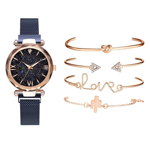 Fashionable starry sky Roman style Milan strap magnet buckle quartz watch plus LOVE bracelet set 5pcs/set