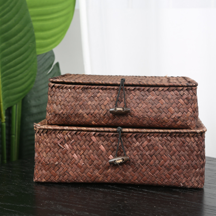 厂家批发复古式海草编织书桌整理长方形带盖收纳盒满月伴手礼