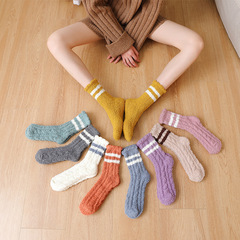 Plush coral velvet socks for women mid-calf socks for autumn and winter striped Morandi color floor socks sleep socks for women