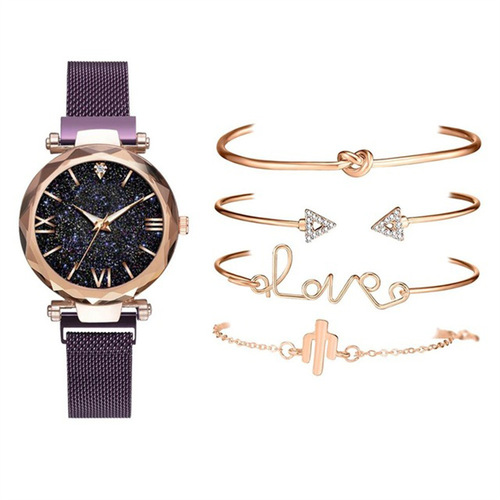 Fashionable starry sky Roman style Milan strap magnet buckle quartz watch plus LOVE bracelet set 5pcs/set