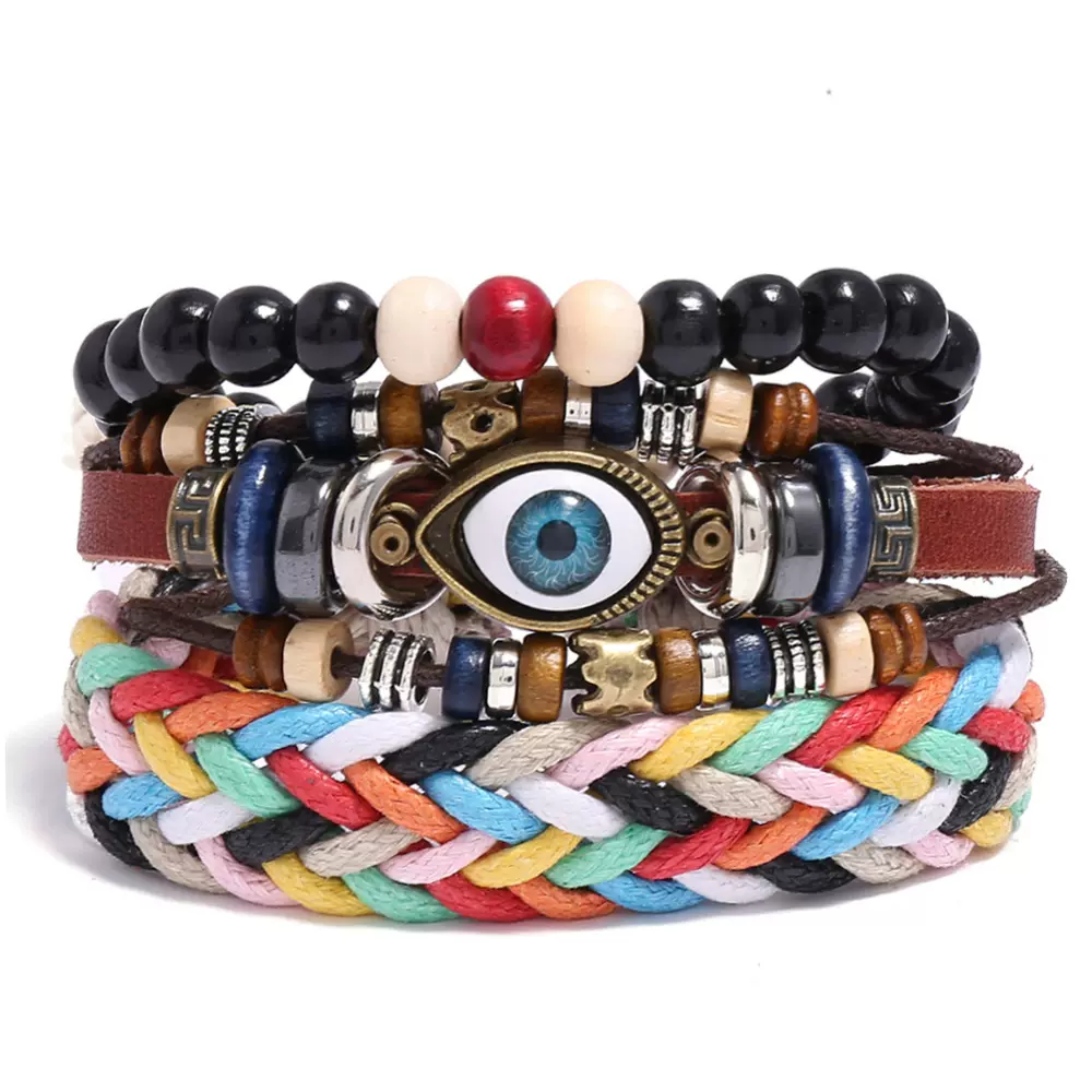 厂家直销复古真皮手链套装眼睛串珠组合编织手绳手串厂家直销