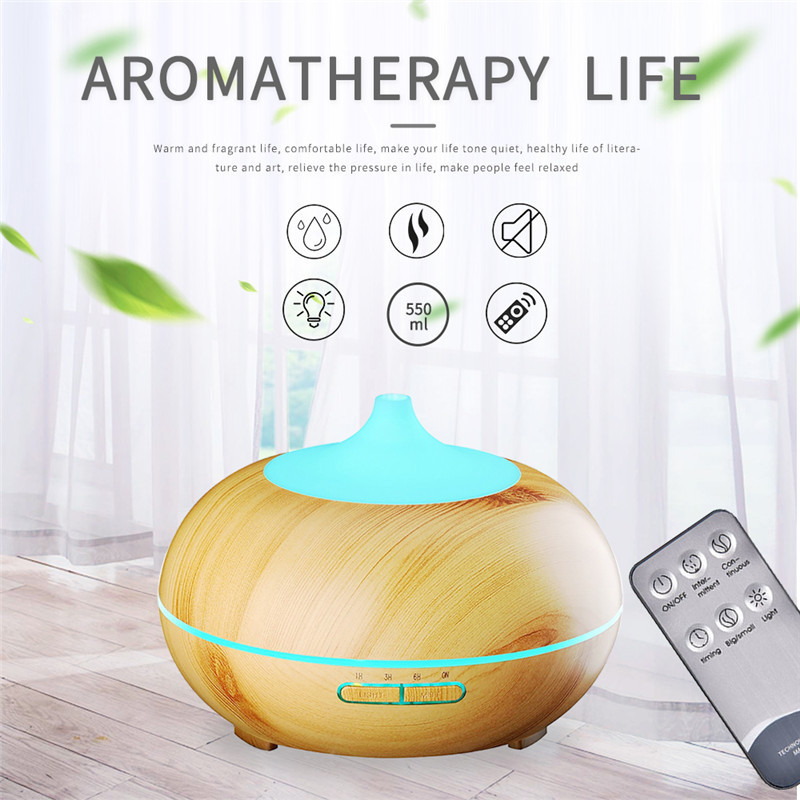 Grano de madera máquina de aromaterapia humidificador 550ml control remoto inteligente ultrasónico colorido lámpara fragancia máquina aceite esencial fábrica al por mayor